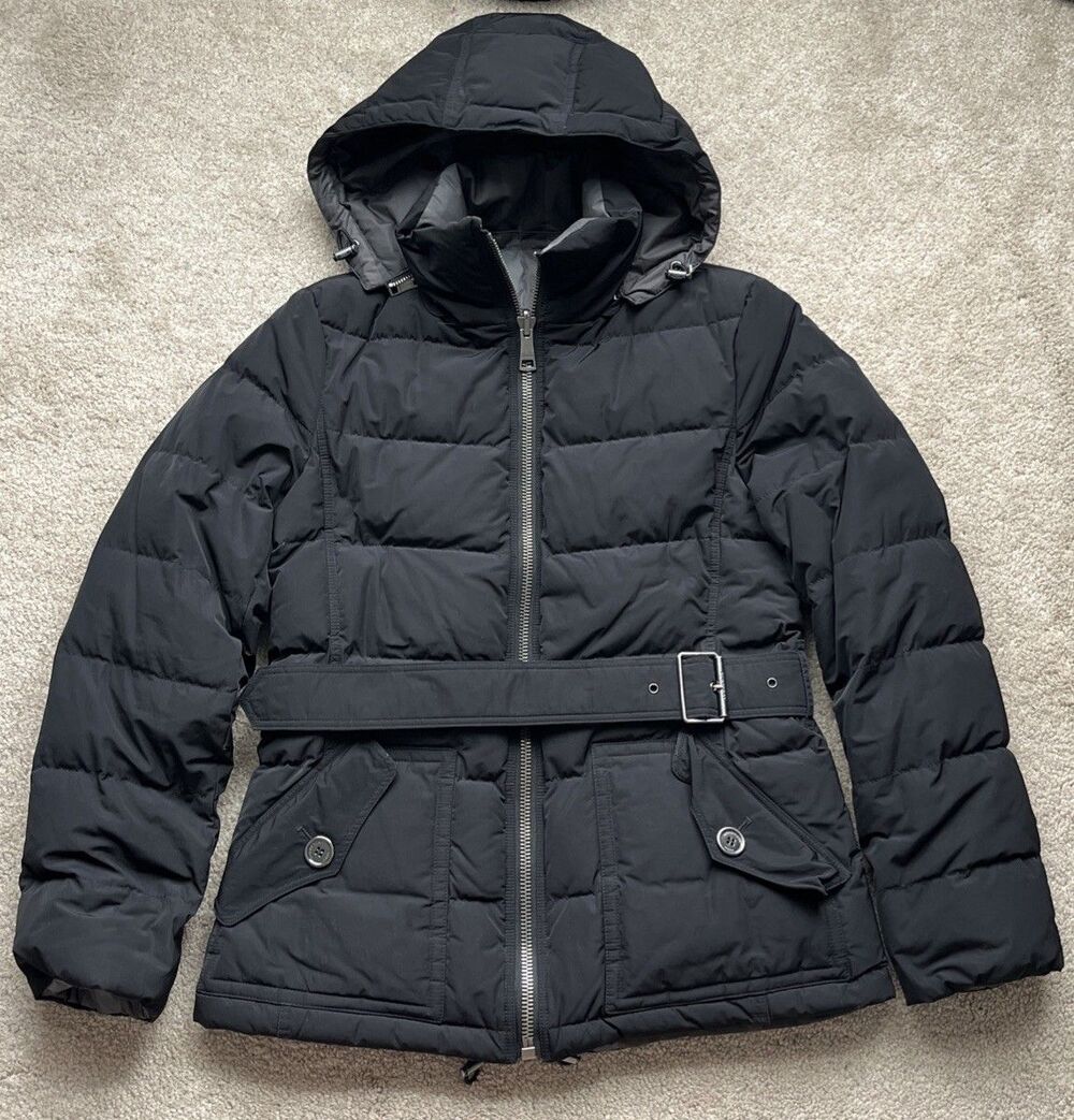 Burberry Brit Down Puffer Jacket Womens XS Black Reversible Belted Hood Preppy